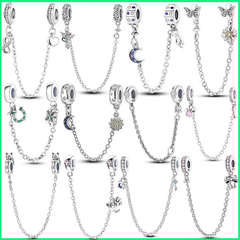 

Real 925 Sterling Silver Stars and Moon Four Leaf Clover Safety Chain Rubber Stopper Fit Brand 925 Original Bracelet DIY Jewelr