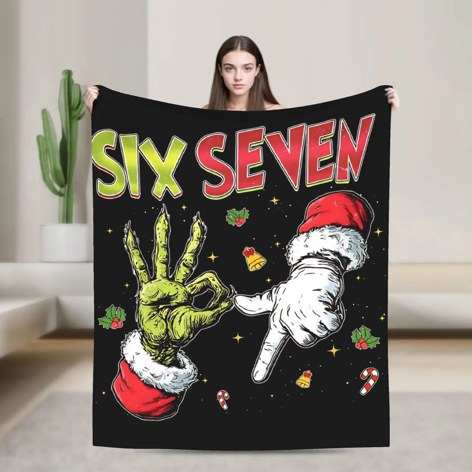 

Funny Six Seven 67 Meme 6 7 Christmas Santa and Elf Hand Blanket Fleece Decoration Warm Throw Blanket for Bed Office Rug Piece