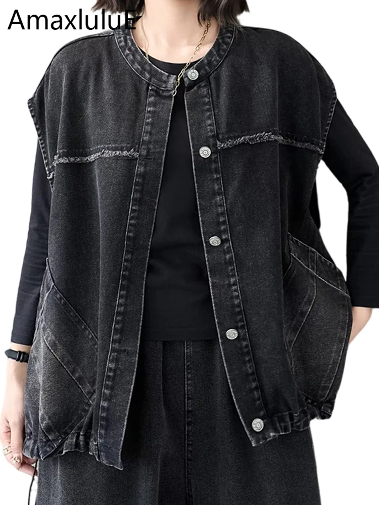 

Amax LuluE European Classic Vintage Soild Sleeveless Coats Ladies Spring Causal Fashion Vests Womens 2026 Loose Denim Waistcoats