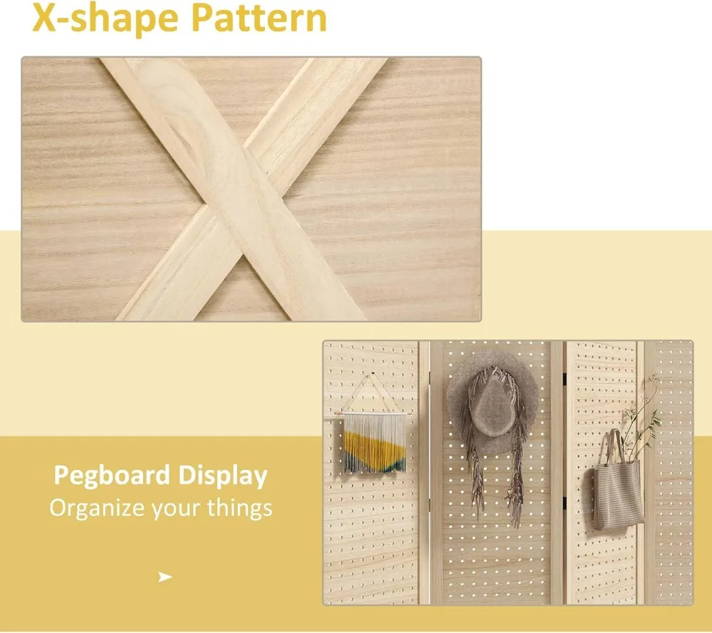 مقسم غرفة خشبي قابل للطي مكون من 4 ألواح مع لوح بيجبورد، شاشة خصوصية للمكتب المنزلي، لمسة نهائية طبيعية #3