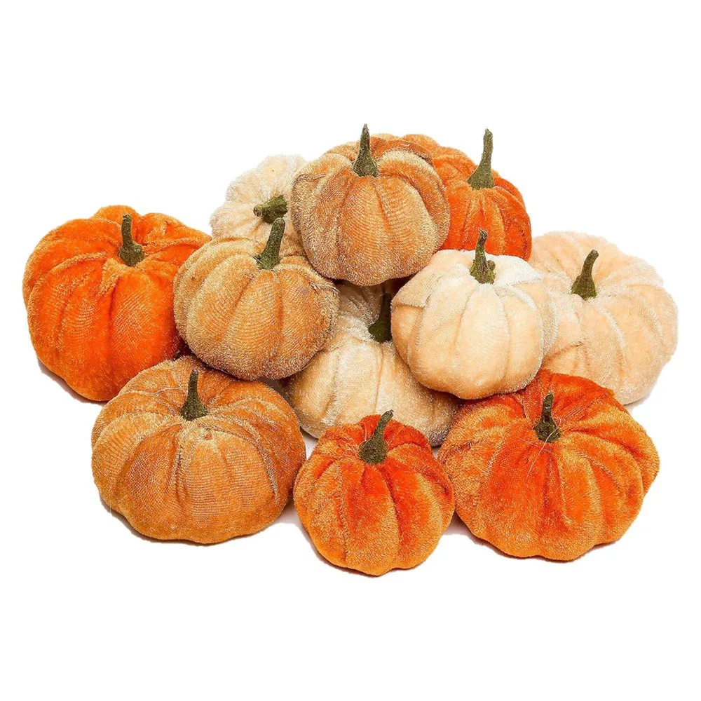 12PCS Artificial Pumpkin Ornament Autumn Harvest Thanksgiving Mini Flannel Pumpkin Ornament Party Halloween Decoration Props