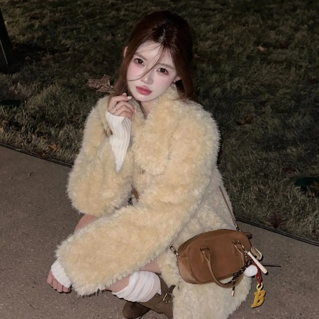 Abrigo de invierno para mujer, chaqueta de piel de cordero de piel de oveja sintética, Tops gruesos y cálidos de felpa informales a la moda, prendas de vestir exteriores elegantes 2024