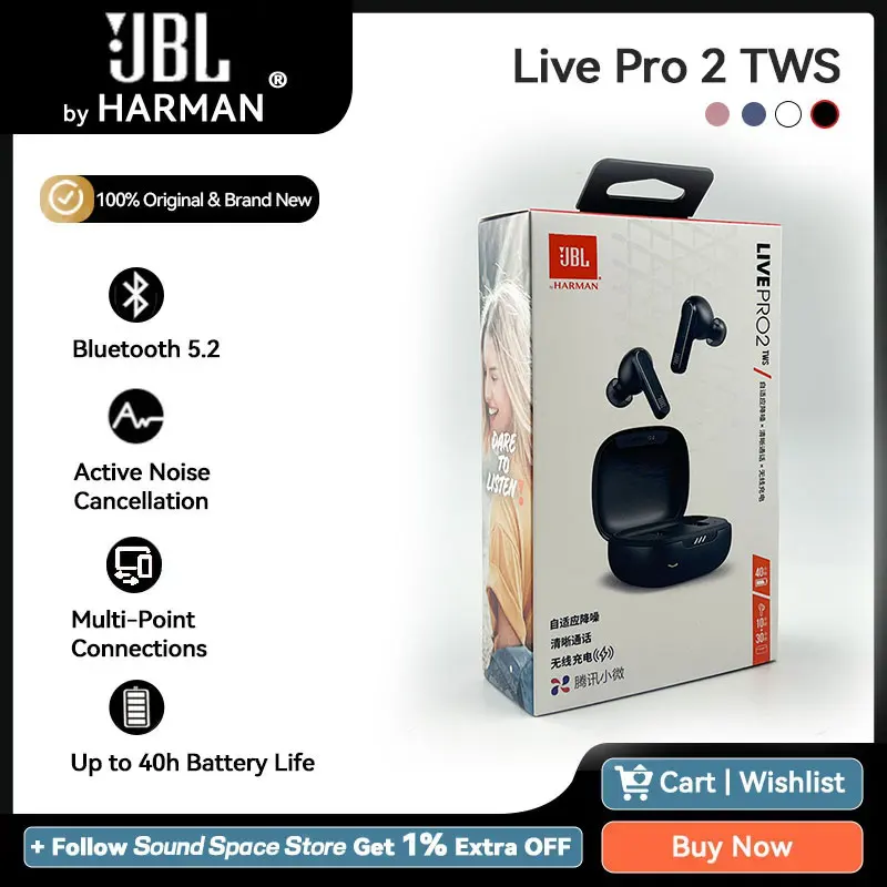 JBL Live Pro 2 TWS Official ANC Bluetooth 5.2 Earphone Active Noise Cancelling Dual Connect Earbuds IPX5 Waterproof 40H Playtime