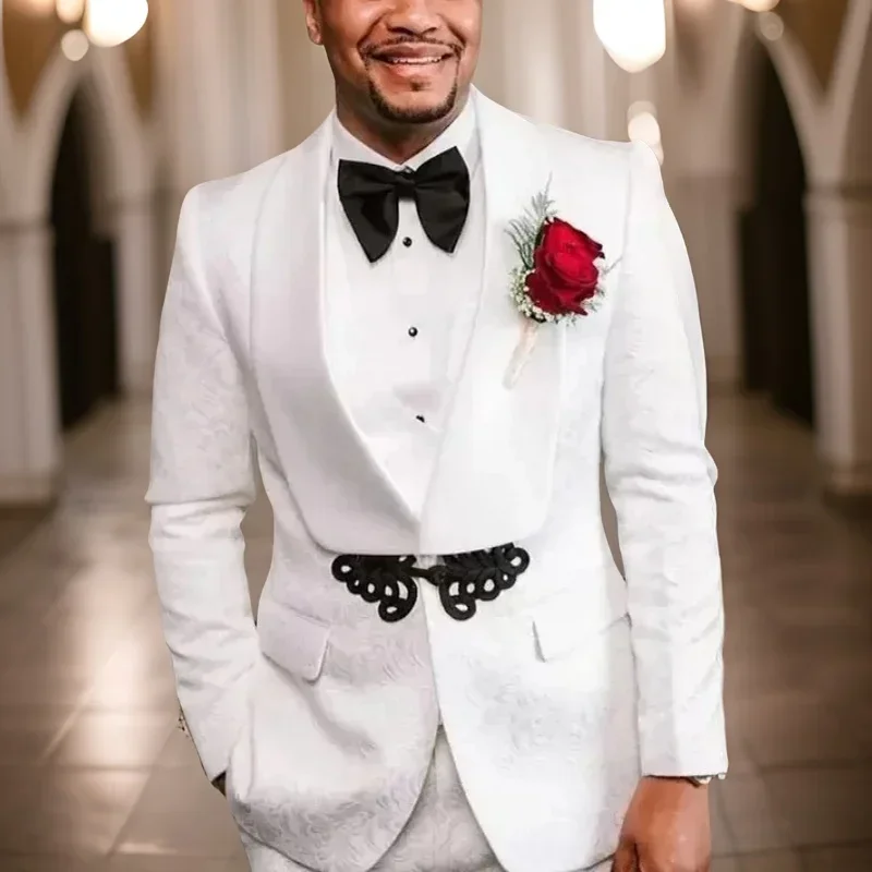 

African Wedding Suits For Men With Mandarin Button 3 Pcs Floral Custom Groom Tuxedos Shawl Lapel Blazer Fashion Costume