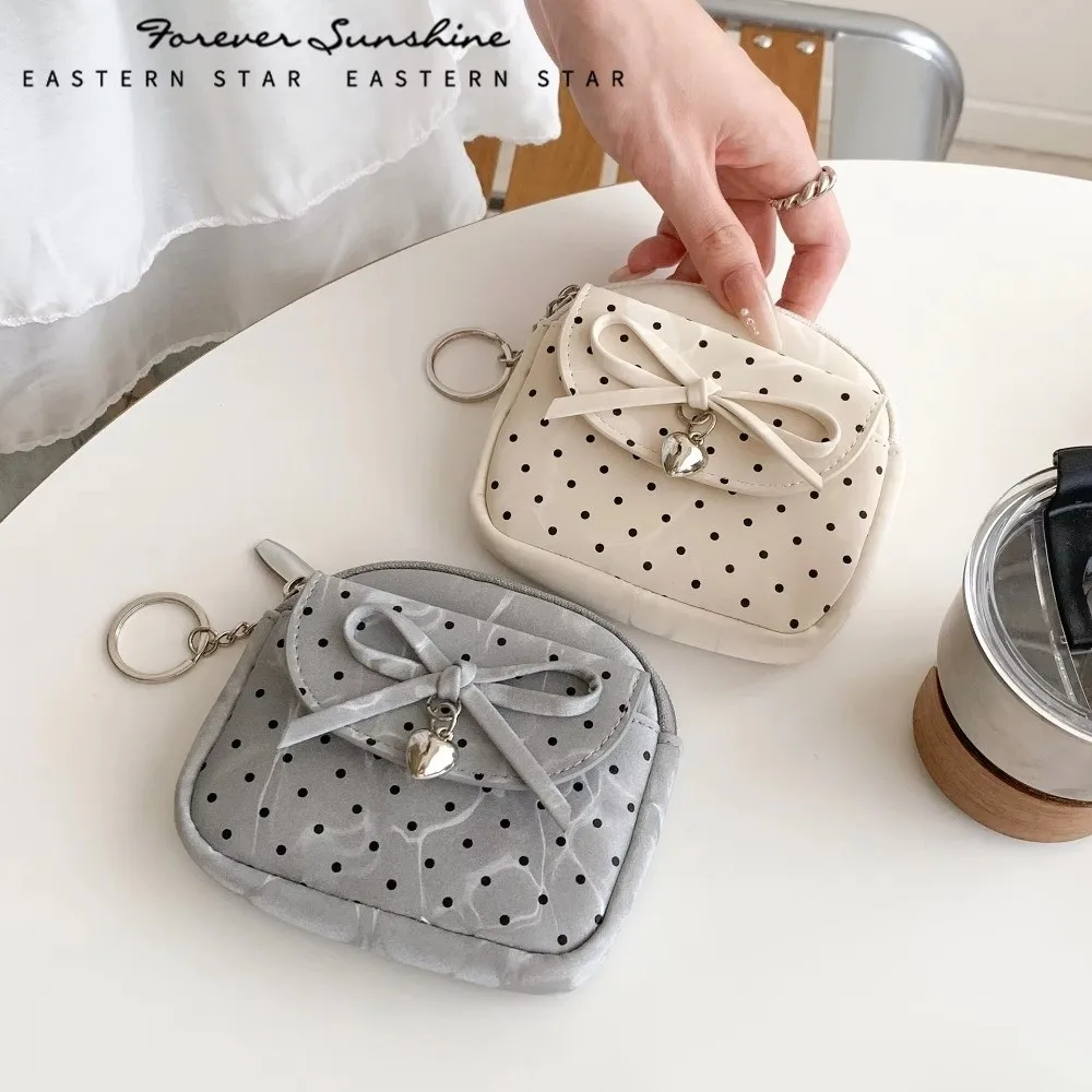 Portable PU Coin Purse Polka Dot Soft Lipstick Storage Pouch with Heart Bow Pendant Small Round Bag for Women