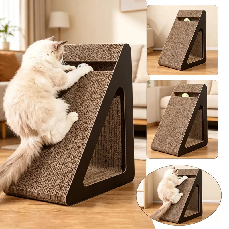 2 In 1 Triangle Cardboard Cat Scratcher, Sturdy Anti-Scratch with Spinning Ball, Stress Relief Cat Toy