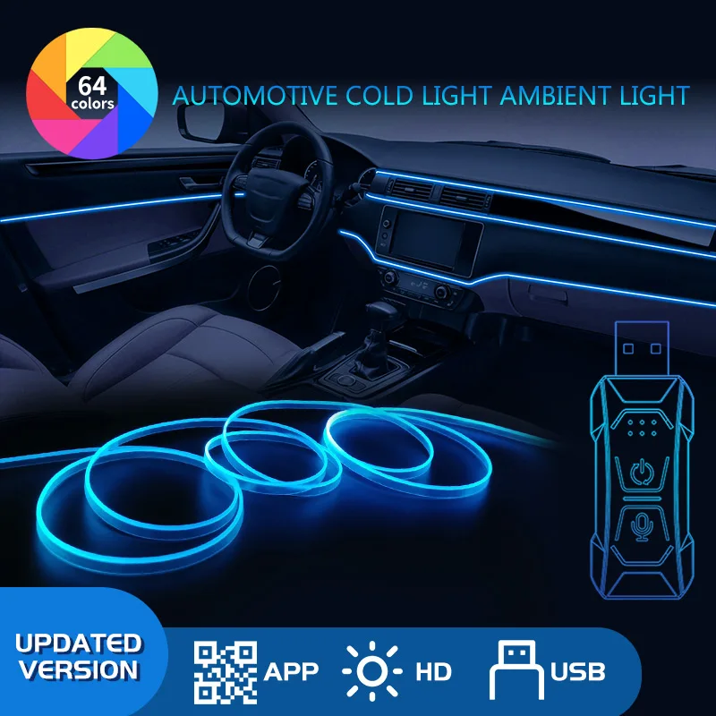 

Car RGB Ambient LED Light Strip USB Fiber Optic Atmosphere Neon Invisible Light Strip Center Console Door Decoration Lamp