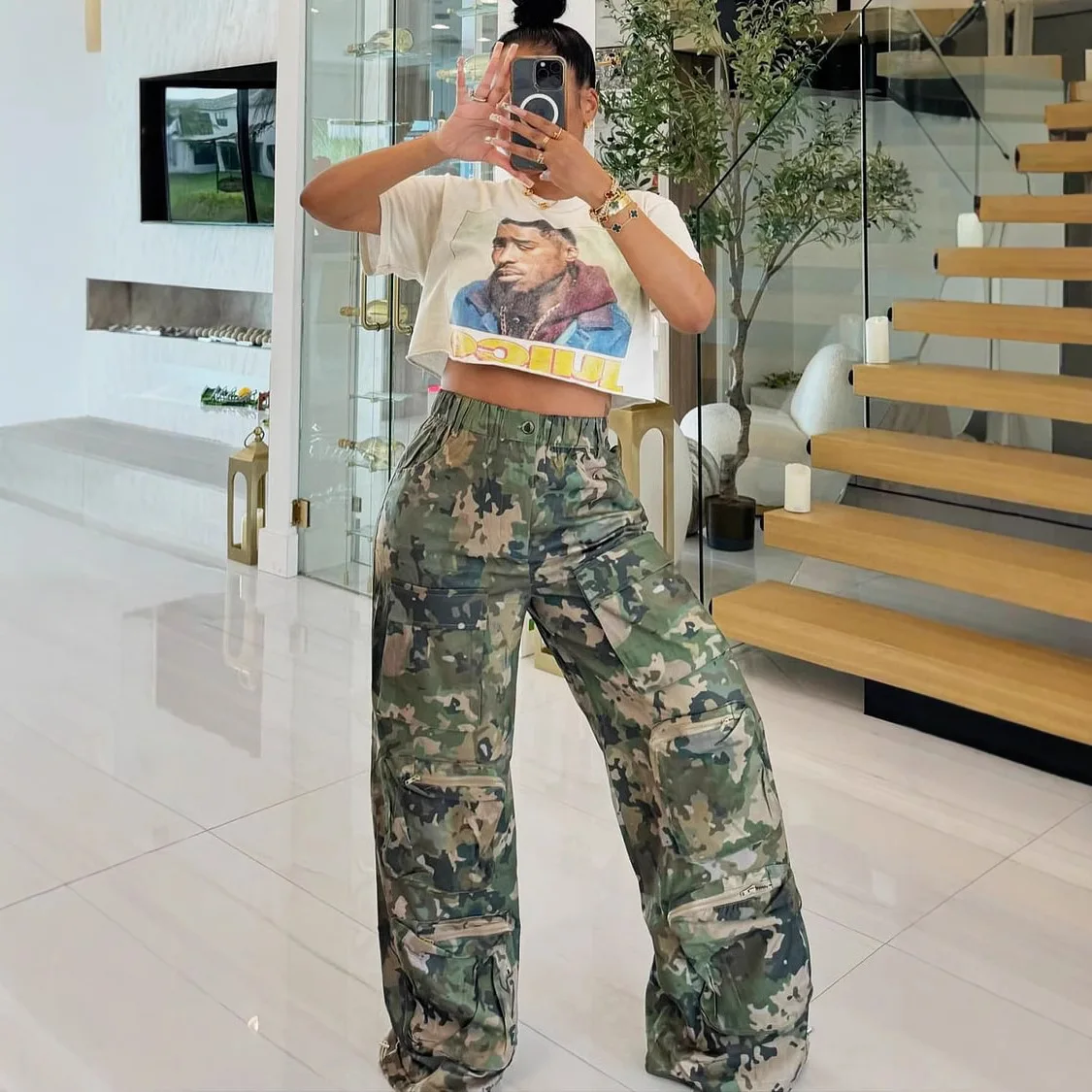 

Women Camouflage Cargo Pants High Waist Trousers Straight Pant Casual Pockets Loose Long 2025 Summer Capris Y2k Streetwear