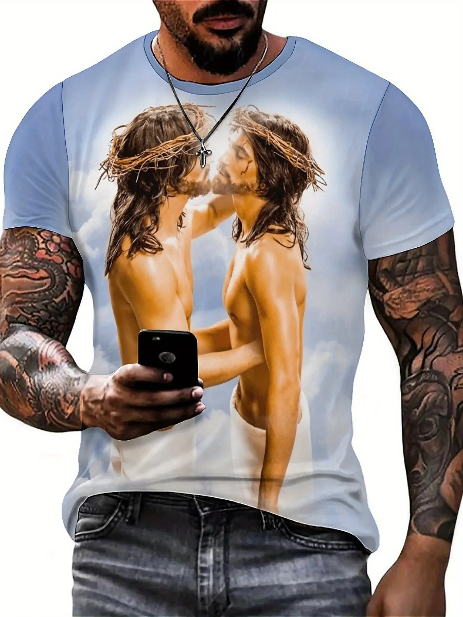 Camiseta masculina plus size hip-hop Jesus – estampa digital 3D legal, manga curta, poliéster, casual e de festa