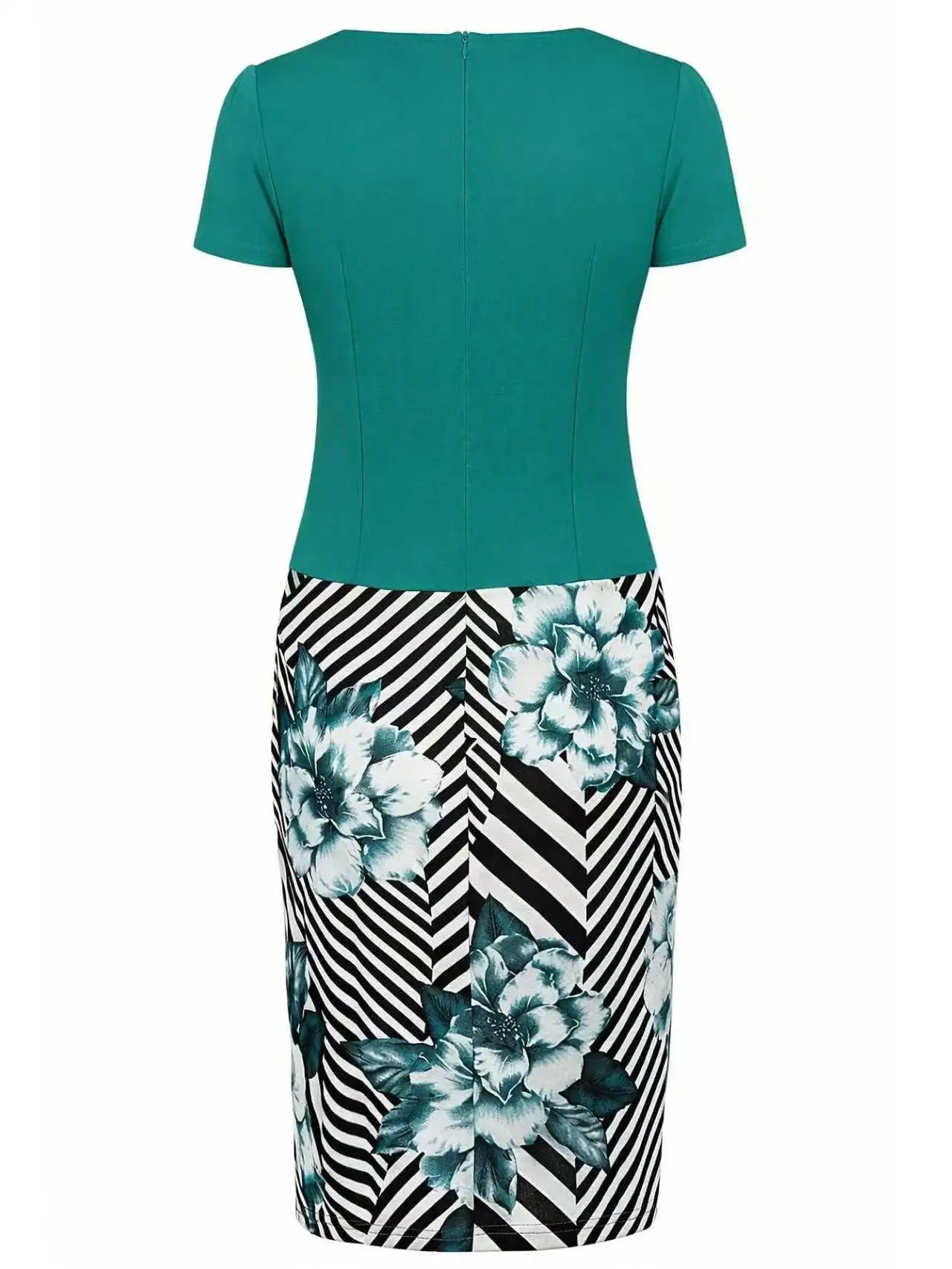 Women Fashionable Geometry Floral Work Office Knee Length Short Sleeve Business Casual Party Pencil Bodycon Sheath Dress