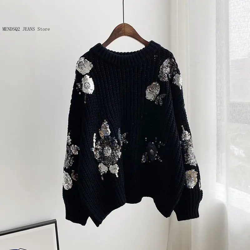 Long Sleeved Warm Winter Black Sequin Women\'s Sweater Knitted Autumn Casual O-Neck