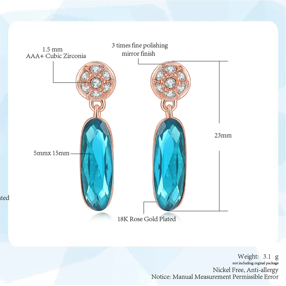 Retro Drop Earrings For Women Classic Design Long Oval Blue Crystal Rose Gold Color Birthday Gift Wholesale Fashion Jewelry E748 image 6