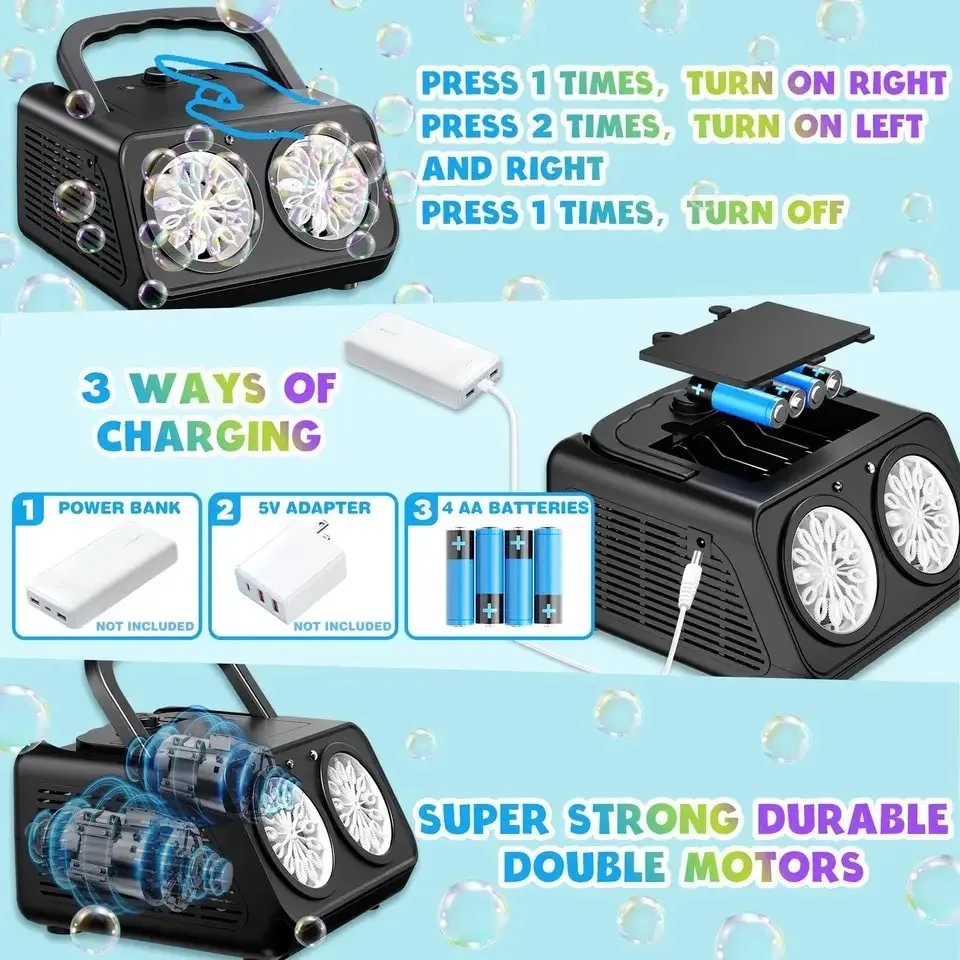 Máquina de bolhas de palco elétrica presente portátil multi buraco totalmente automático um clique soprando bolha brinquedo ao ar livre