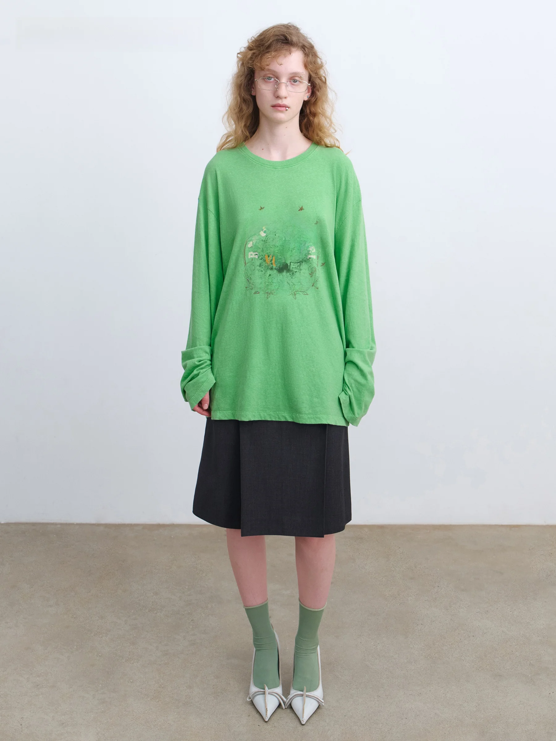 VERMO Soft Worn Beautiful Color Retro Print Lightweight Cotton Casual Long Sleeve T-Shirt Loose Fit round Neck Spring Summer