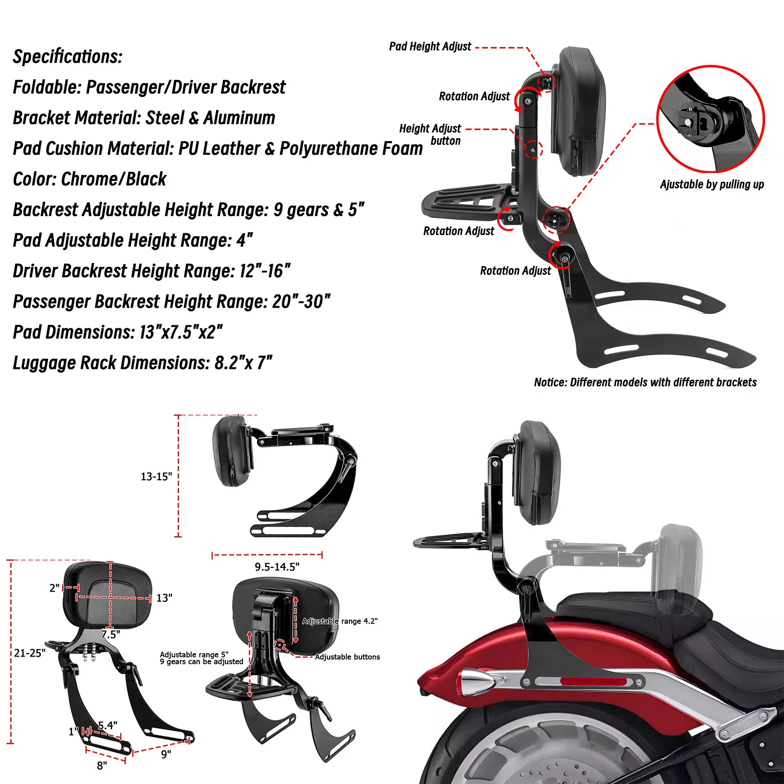 Magekyn Multi-Purpose Driver Passenger Seat Backrest with Folding Luggage Rack for Harley Davidson and Indian Motorcycles