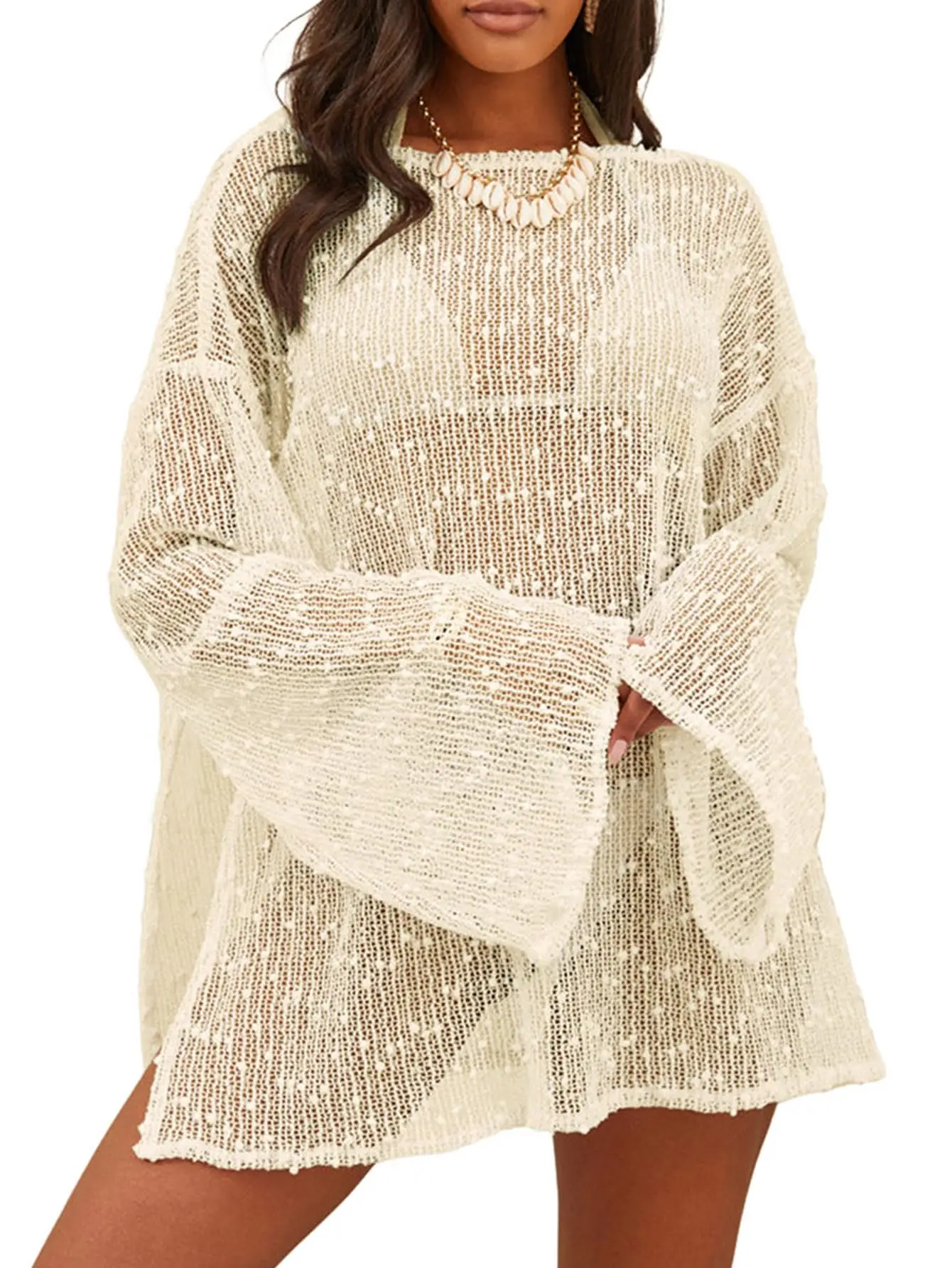 Crochet Swimsuit Coverup for Women Boat Neck Bathing Suit Cover Up 2026 Summer Sexy Beach Caftan Dress