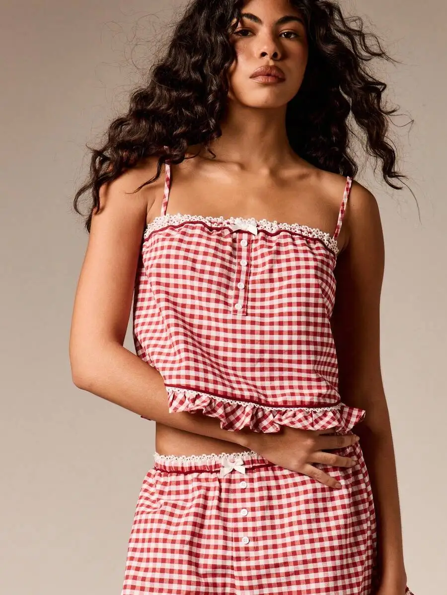 

Red And White Gingham Ruffle Hem Cami Top Shorts Pajama Set For Women Sleepwear Loungewear