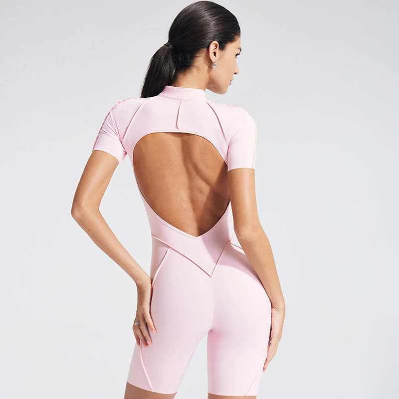 VITALINOVO Women Short Sleeve Workout Jumpsuit Backless Zip Up Romper Bottom Shorts Built-in Bra Bodysuit Bodycon Sexy One Piece