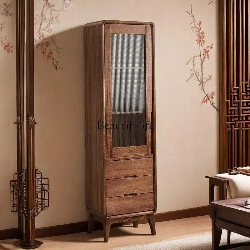 02  All solid wood black walnut three-dimensional side cabinet Nordic modern simple single door bookcase