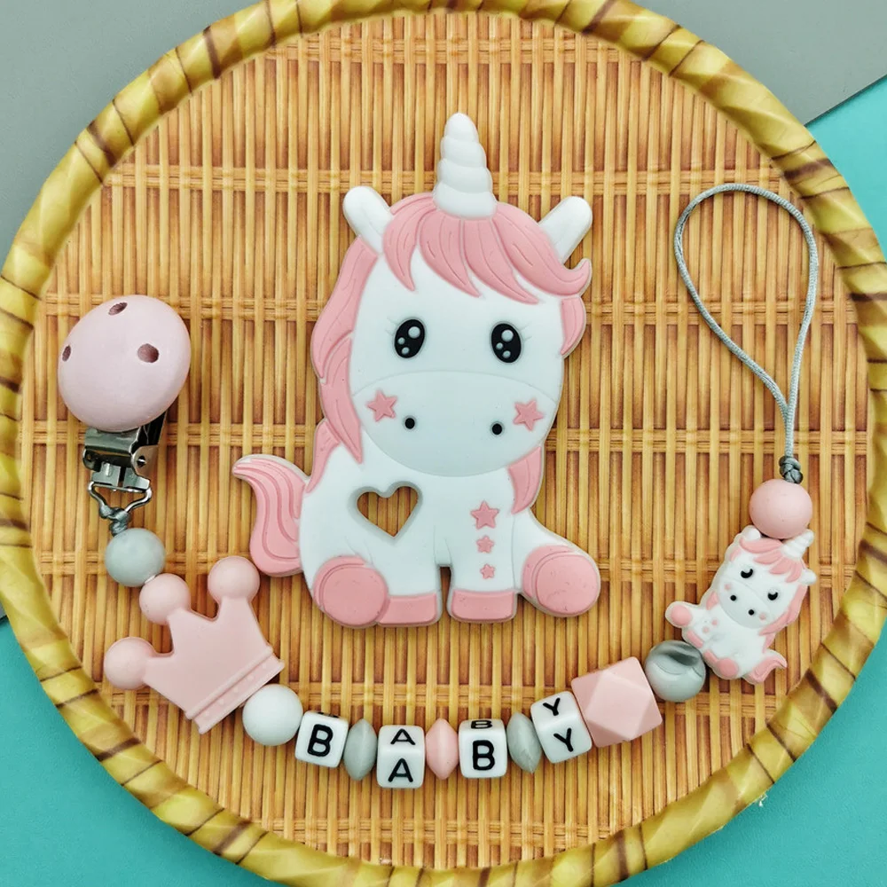 

Customized English Russian Alphabet Name Unicorn Pacifier Clips Chains Teether for Baby Infant Chew Leash Nipple Holder Teether