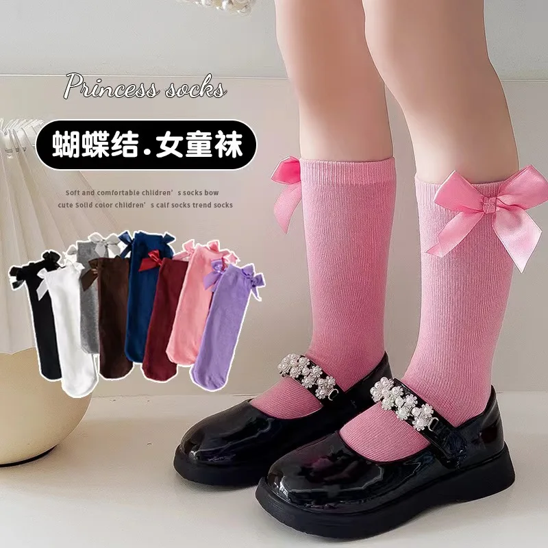 Baby Cotton Socks Korean Bow Pink Princess Calf Sweet Lolita Sock Children Straight Cute Candy Colore Hosiery Little Girl Socks