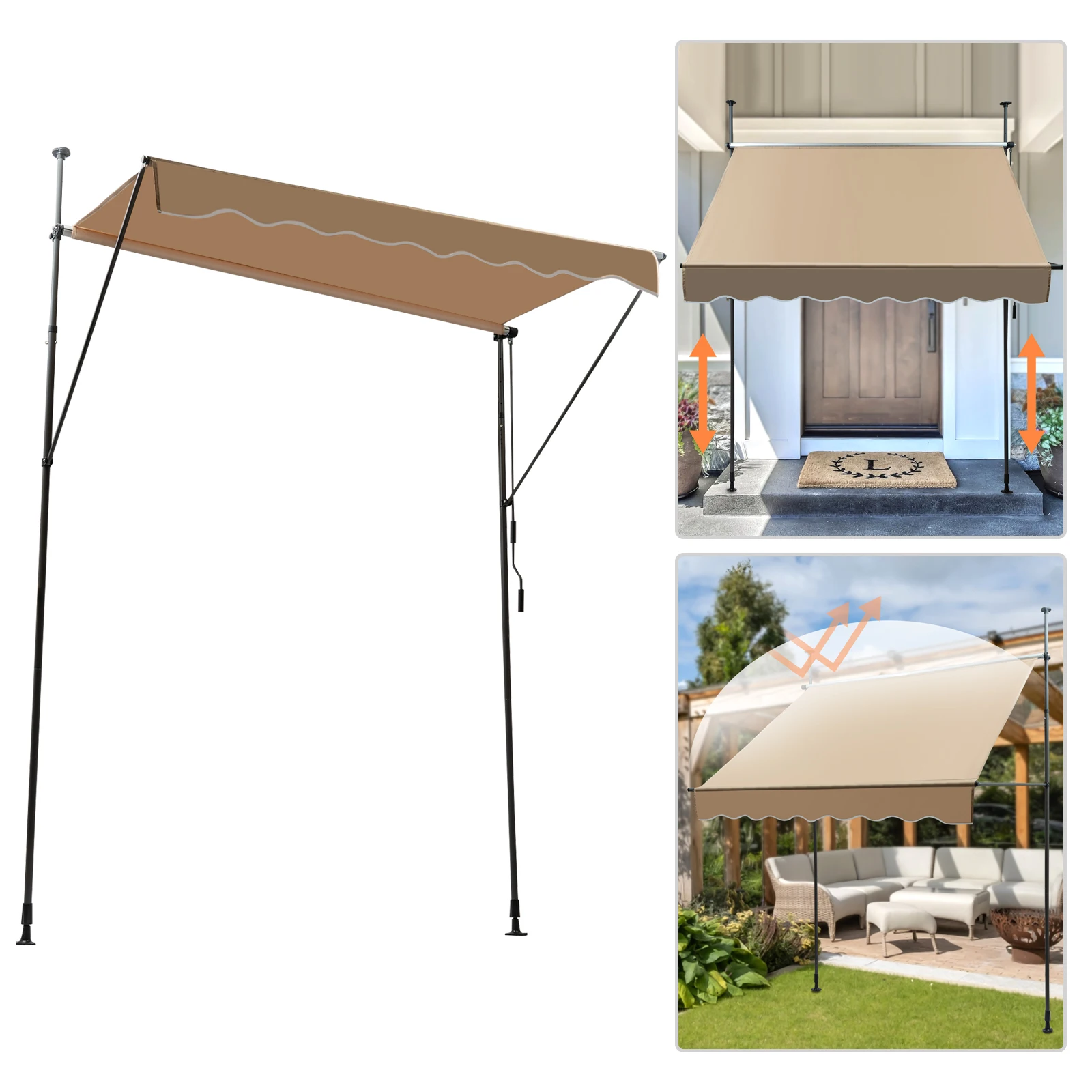 Manual Retractable Sunshade, Beige/Gray Adjustable Outdoor Awning, Balcony Patio Household Rainproof Sunproof Canopy