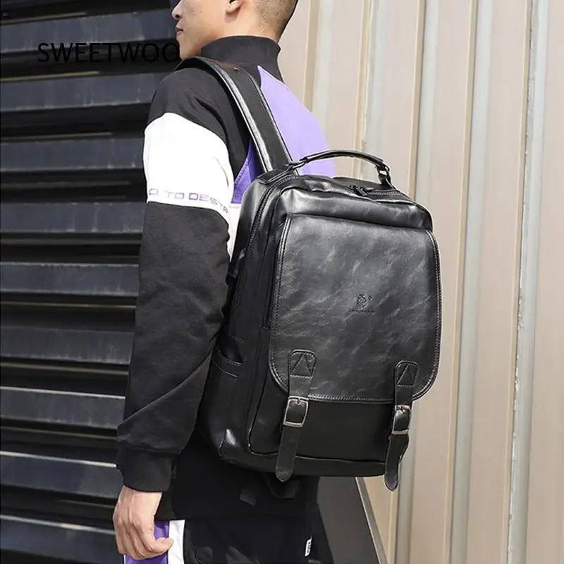 Men Vintage Flap Backpack Black Faux Leather Laptop Rucksack Business Casual Daybag with Top Handle