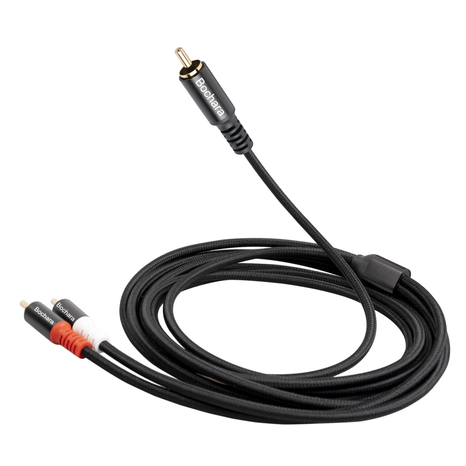 Bochara Braided RCA Male to 2RCA Male OFC Audio Cable Y Splitter Foil+Braided Shielded For Subwoofer Speaker Amplifier