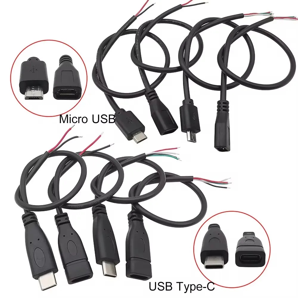 1/5Pcs Micro USB / Type-C Male Female Plug Jack Power Supply Cable Wire 2 Pin 4 Pin Charger Cord Extension Connector Data Line