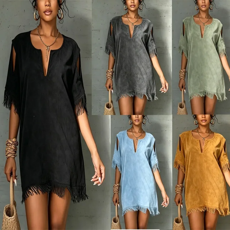 Women's Summer Suede Fringe V-Neck Off Shoulder Short Sleeve Loose Midi Dress Vacation EU US