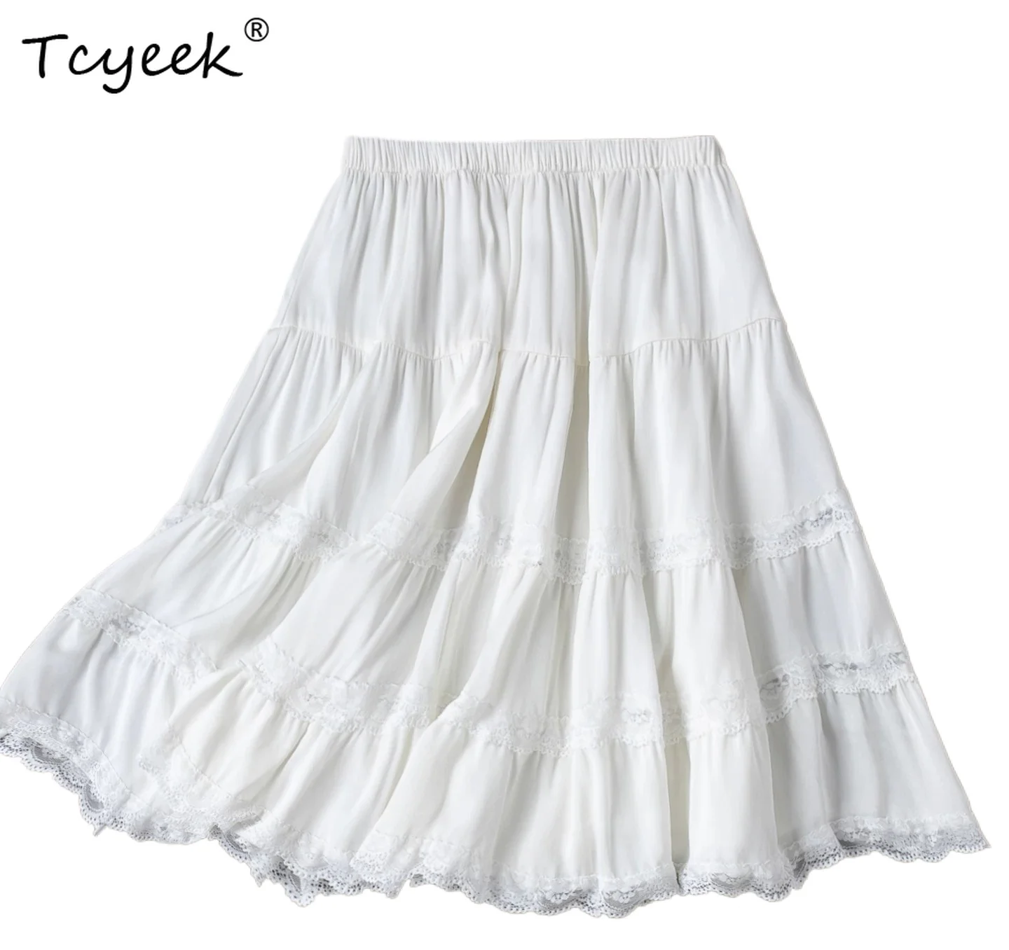 Tcyeek 93% Real Silk White Skirt Elegant Skirts for Women Summer Clothes High-waist Sweet Skirt Woman Lace Trim Jupe Femme
