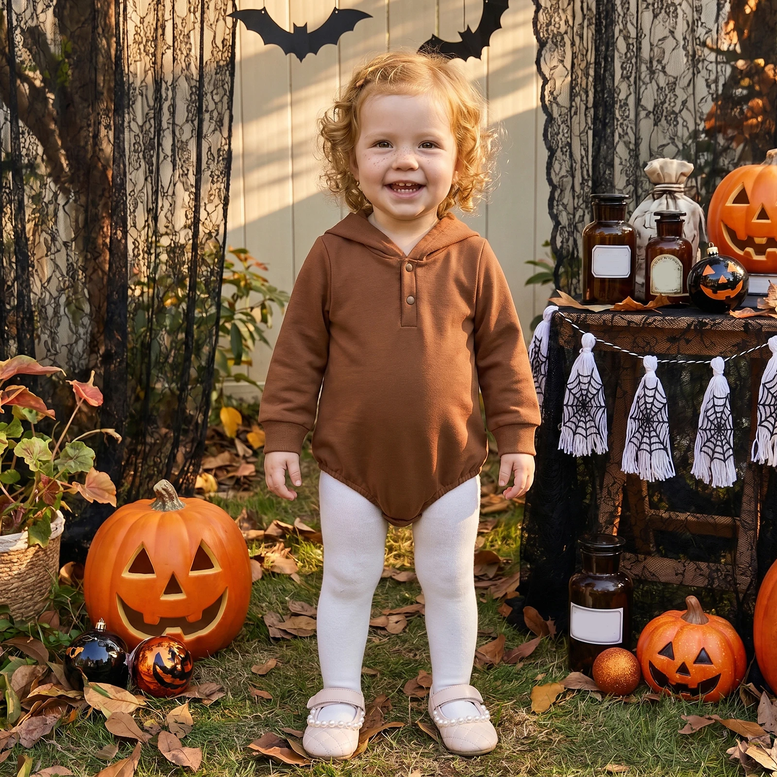 2027 Early Autumn Toddler Baby Halloween Hooded Sweatshirt Romper Flower Applique Long Sleeve Bodysuit for Winter Fall