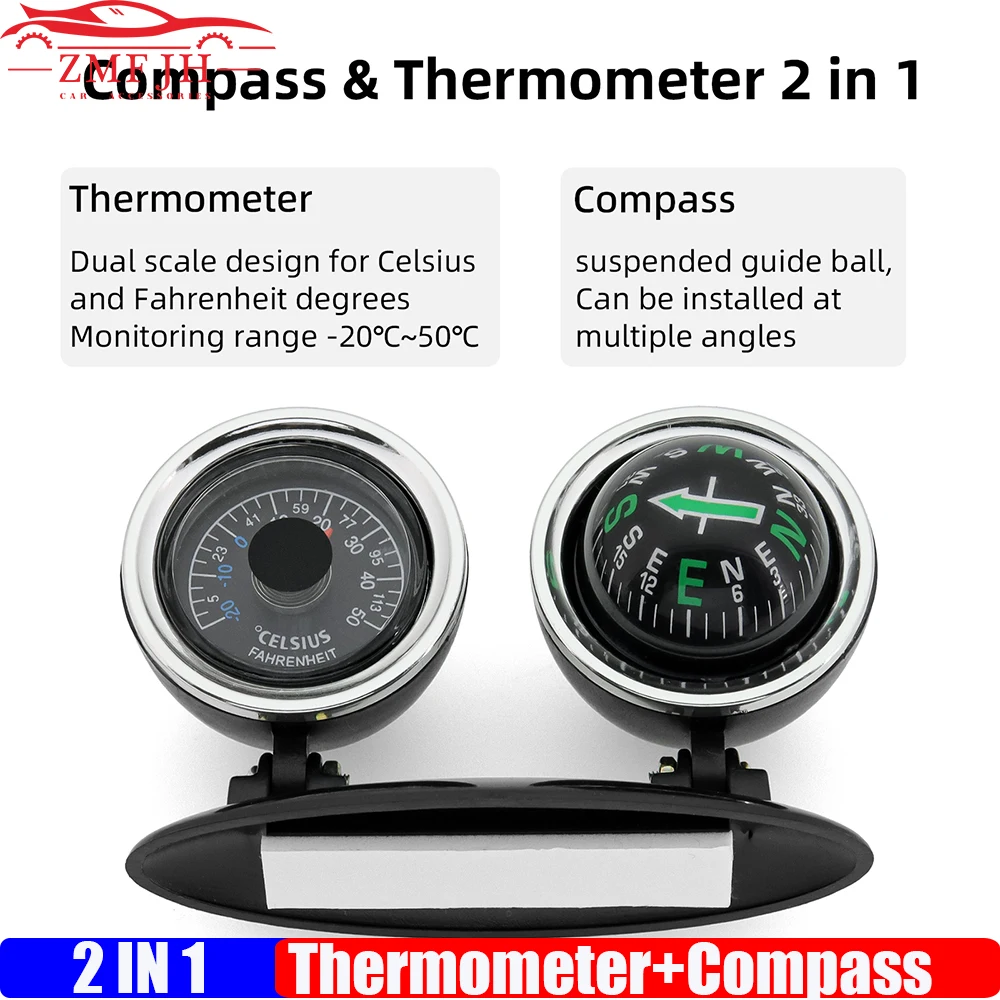 Car Compass Accurate Readout 2 IN 1 Compass Thermometer Plastic Dashboard Guide Ball Navigation Tools for Vehicle/Car/Auto