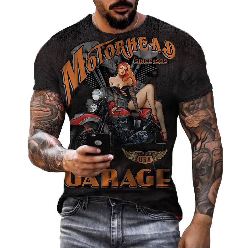 

Men's USA Retro Black T-shirt Motorcycle Girl 3D Printed Short Sleeve Hip Hop Fashion Loose Oversized Clothing Summer Pullover