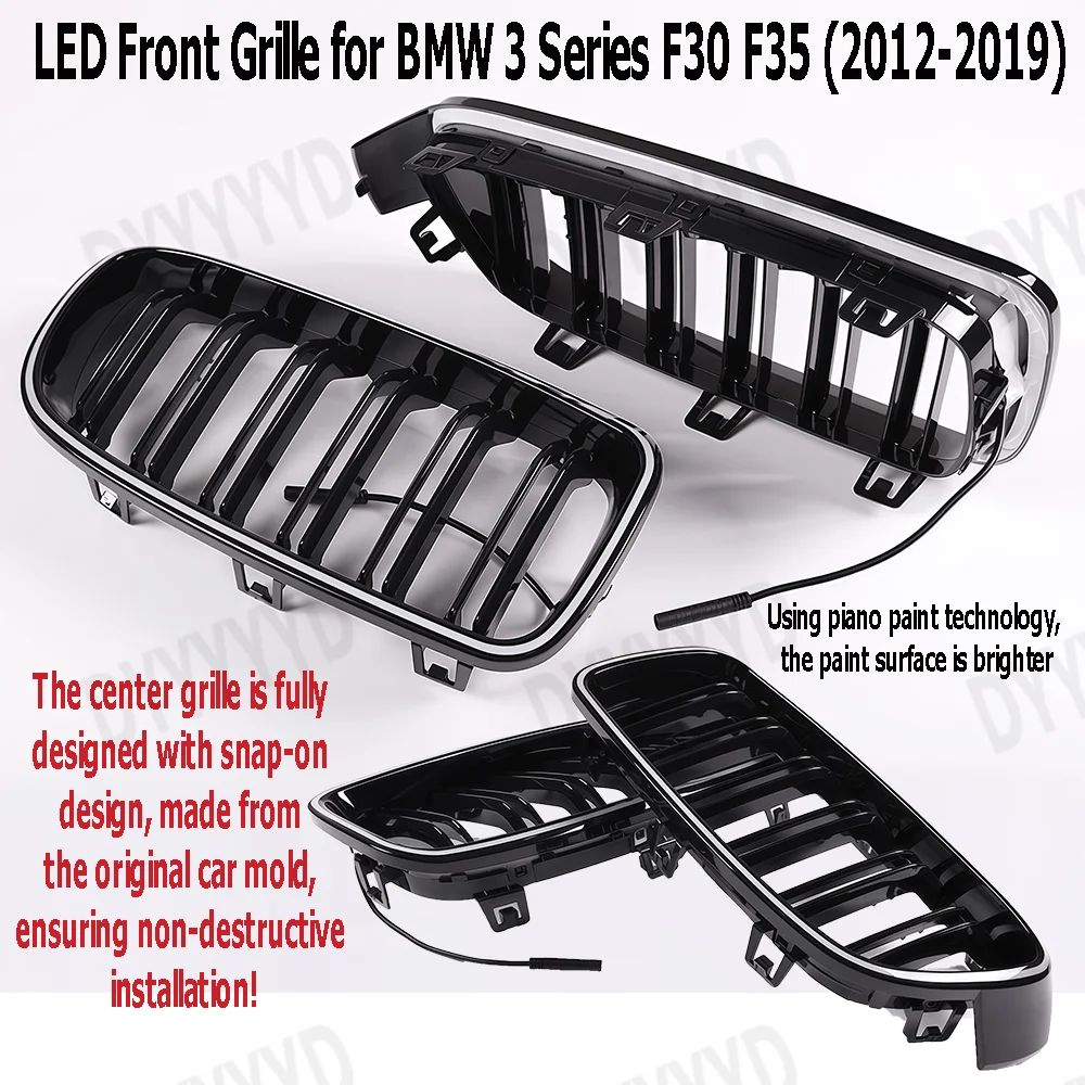 For BMW 3 Series F30 F35 2012-2019 Gloss Black Front Grille with RGB/White LED Light, Sporty Racing Double Slat Modified Bumper