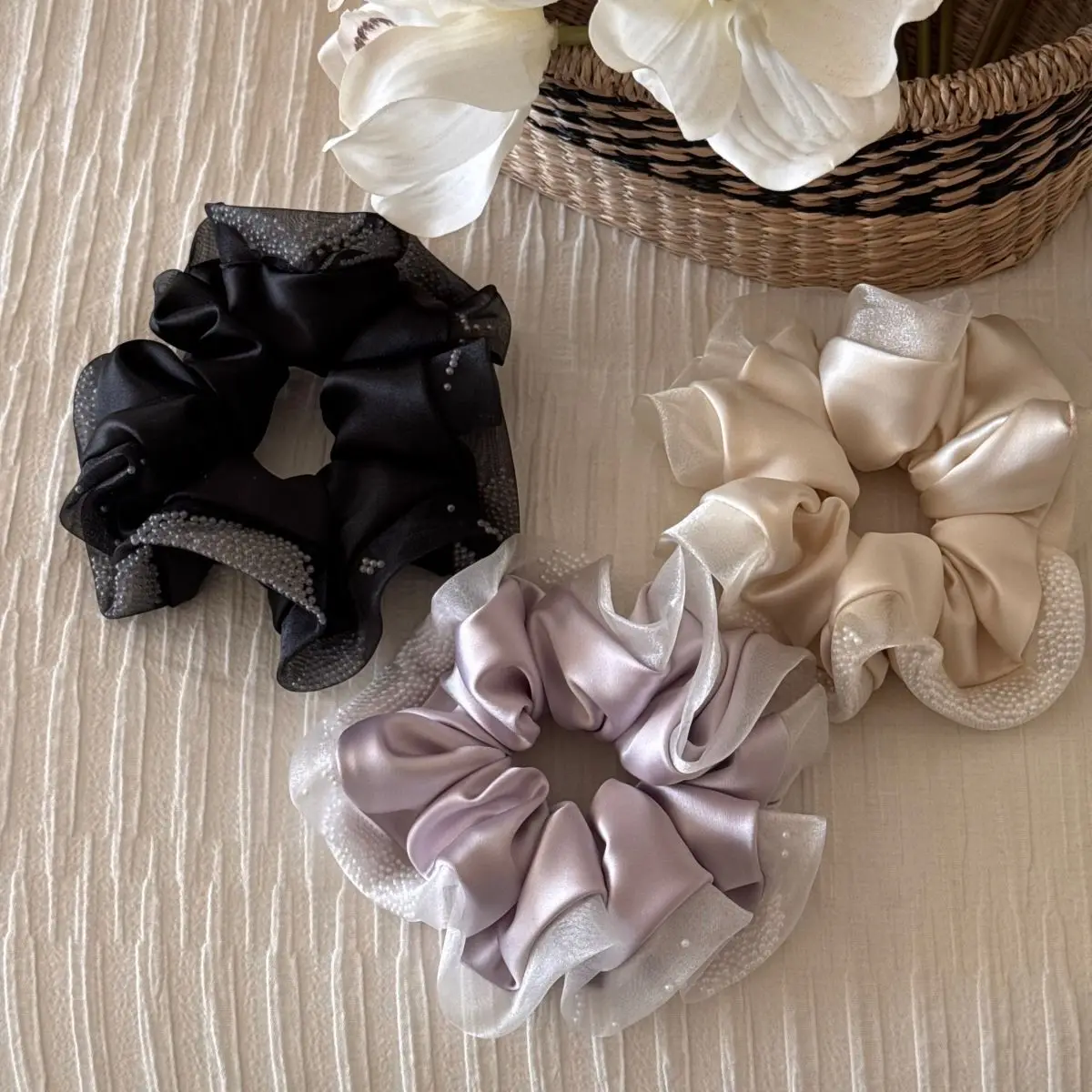 Hair Scrunchy Satin Pearl Lace Soft Comfortable Women Ponytail Holder Non Slip Gentle No Pull for Daily Home Travel