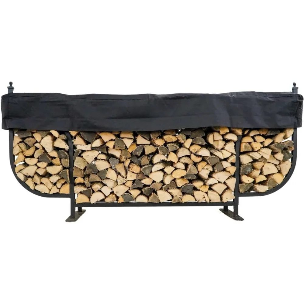 Courtyard Firewood Rack 9ft - Luxury Outdoor Log Holder With Cover - Made In USA - Black UV Stable Powder Coat Finish