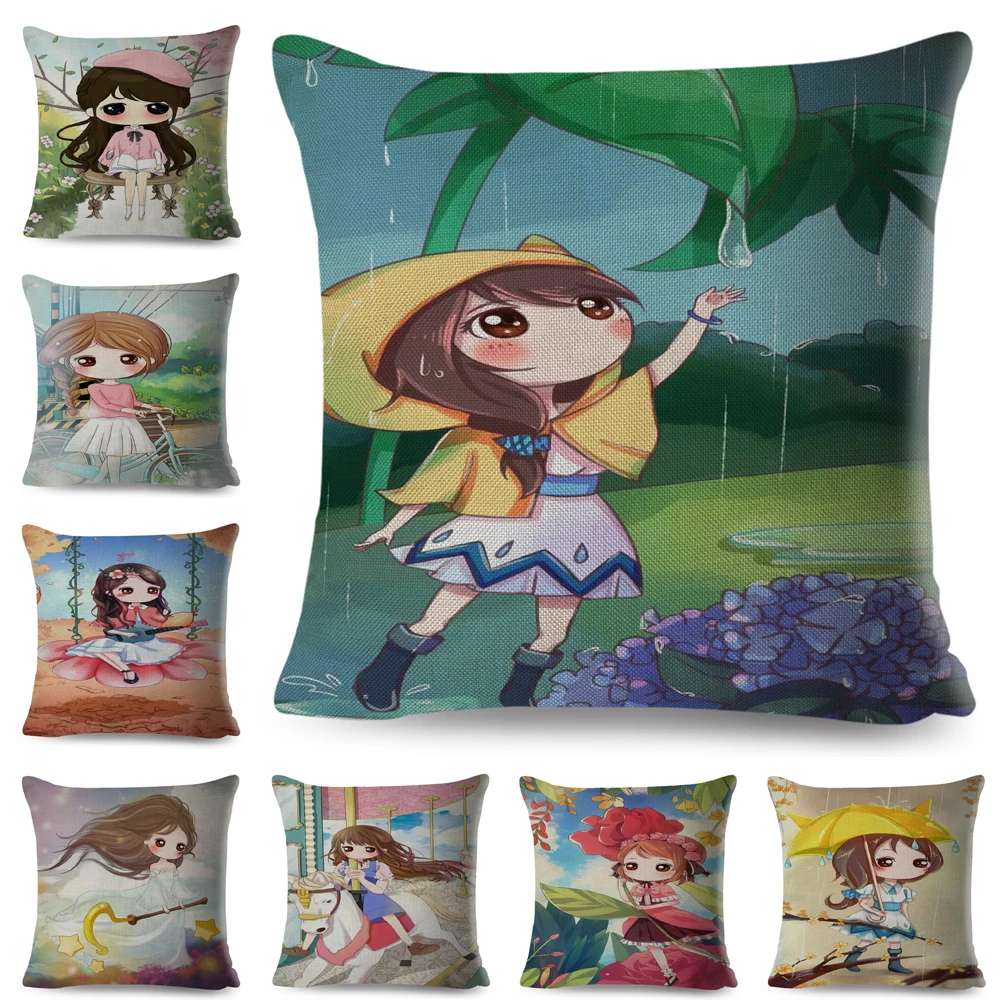 

Cute Cartoon Little Girl Pillow Case Both Print Decor Lovely Children Throw Pillowcase Linen Cushion Cover for Sofa Home Car