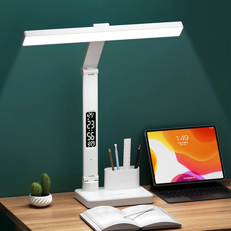 LED Clock Table Lamp USB Chargeable Dimmable Desk Lamp 2 Heads 180 Rotate Foldable Eye Protection Reading Night Light