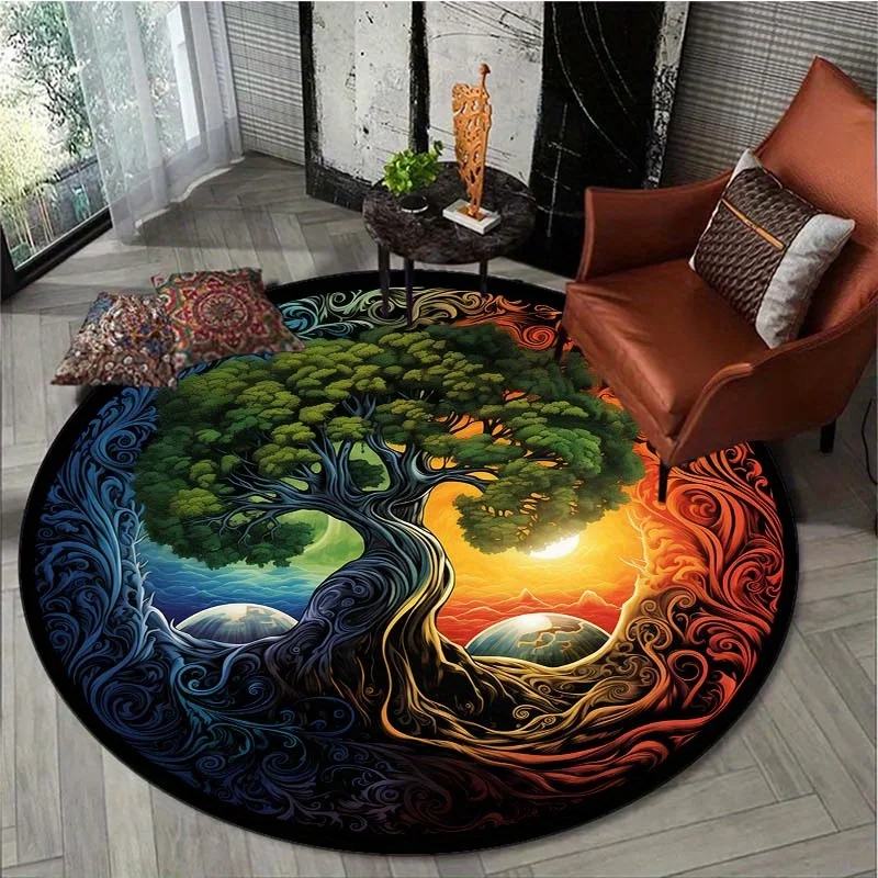 Spiritual Tree Floor Mat Colorful World Tree Yin Yang Sunrise Landscape Art Print Rug Boho Nature Living Area Decor Pad