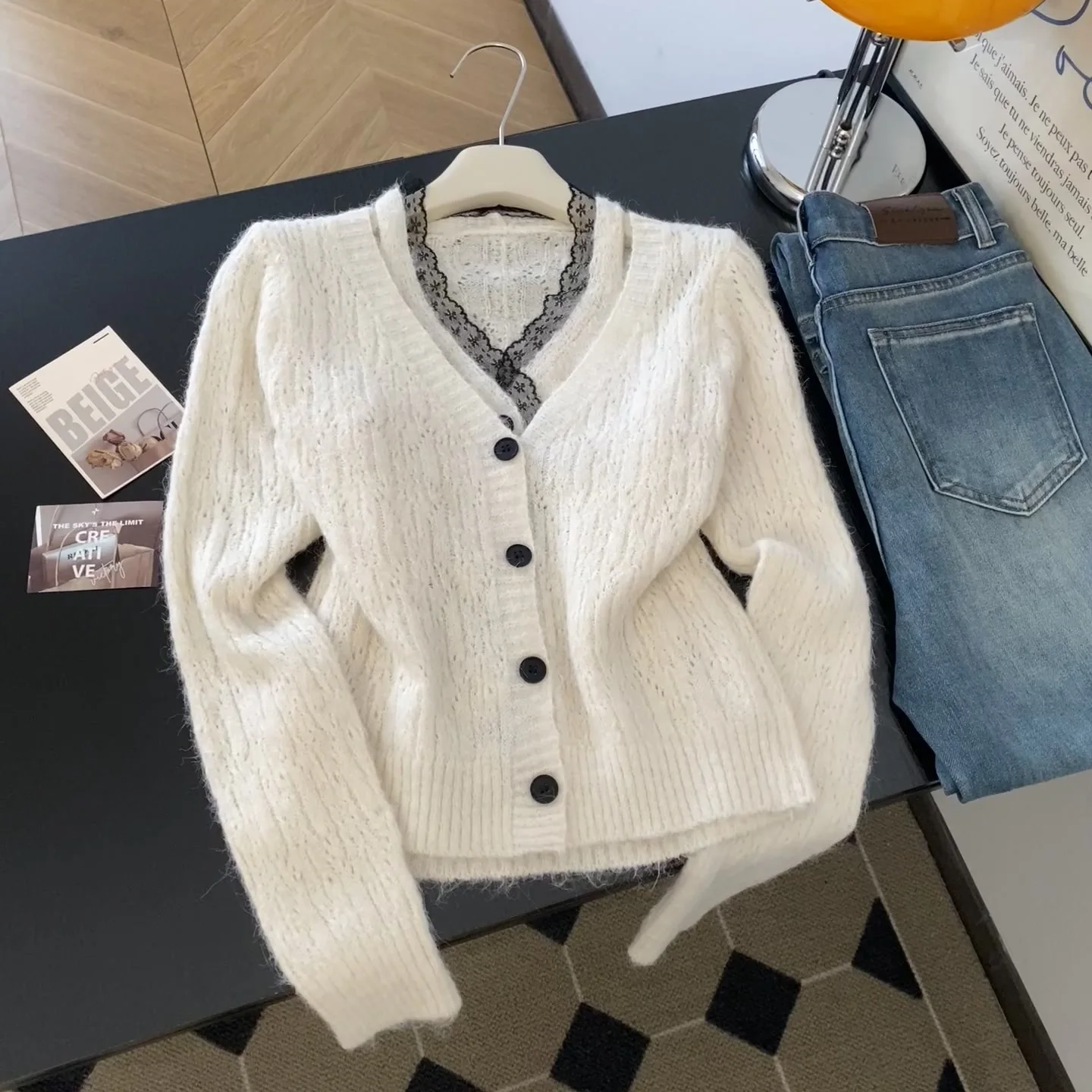 

Women's Off White V-Neck Lace Patchwork Mohair Cardigan Sweater Vintage 2000s Y2k Knitwear Long Sleeves Cashmere Sweater Autumn