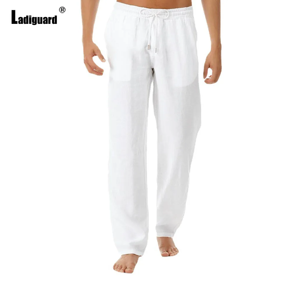 White Black Soft Pocket Beach Cotton Linen Pants Men\'s Ankle-Length Trouser Plus Size Mens Casual Straight Drawstring Sweatpants