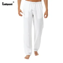 White Black Soft Pocket Beach Cotton Linen Pants Men's Ankle-Length Trouser Plus Size Mens Casual Straight Drawstring Sweatpants