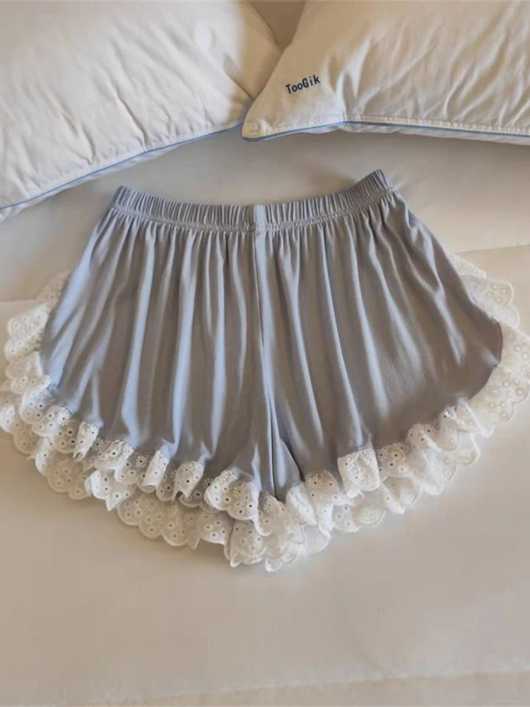 

Women's Lace Trim Sleep Shorts - Elastic Waist Ruffled Loose Fit Soft Comfortable Pajama Shorts Nightwear for Spring Summer