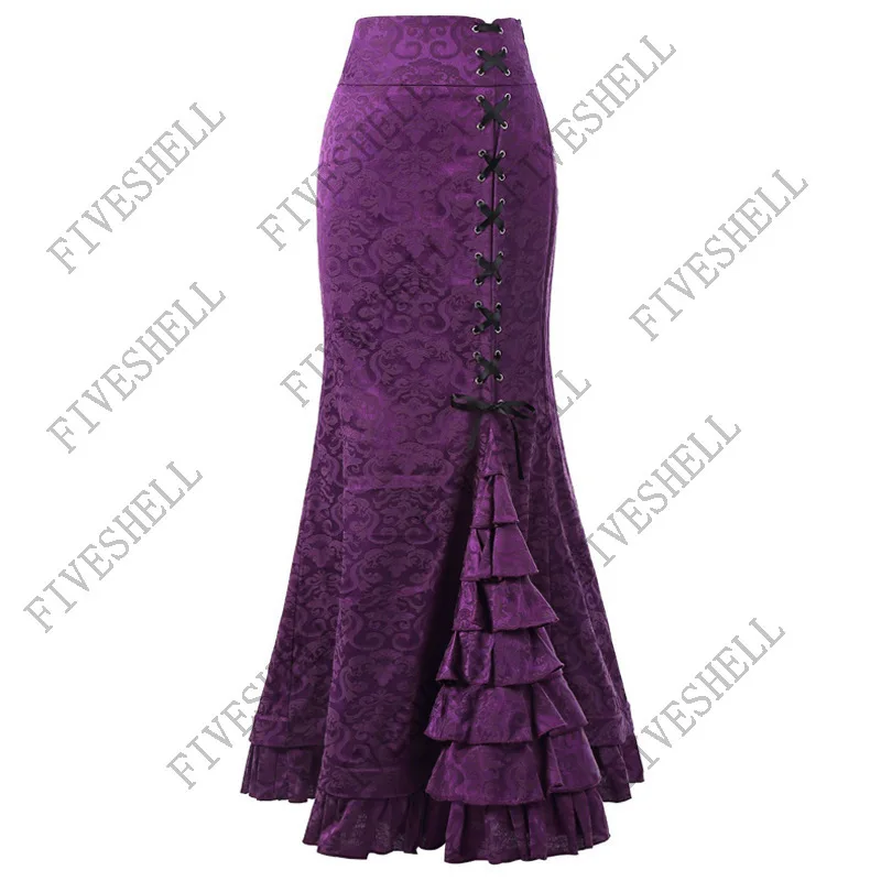 Medieval Gothic Vintage Fishtail Skirt High Waist Slim Floral Print Retro Long Bodycon Spring Autumn Ruffe Bandage Mermaid Skirt