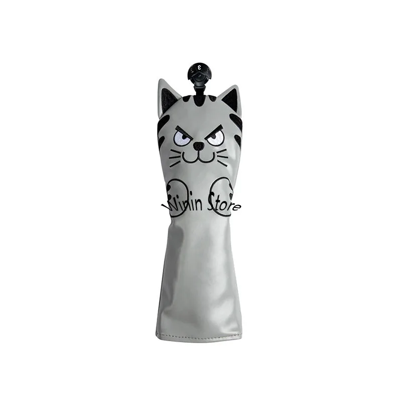 Cute Grey Cat Golf Head Covers for Driver Fairway Hybrid #1#3#5#7#UT Magnatic Putter Covers Waterproof PU Leahter Durable Covers