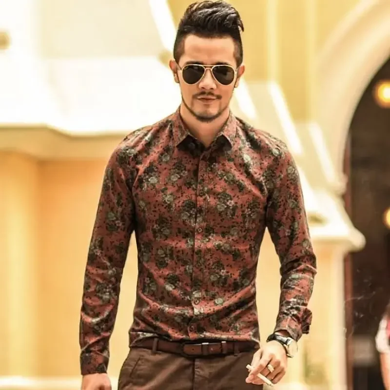 قميص مرن بأربعة جوانب وأكمام طويلة على الطراز الكوري مطبوع عليه زهور بقصة ضيقة ملابس رجالية غير رسمية لربيع الخريف والصيف #5
