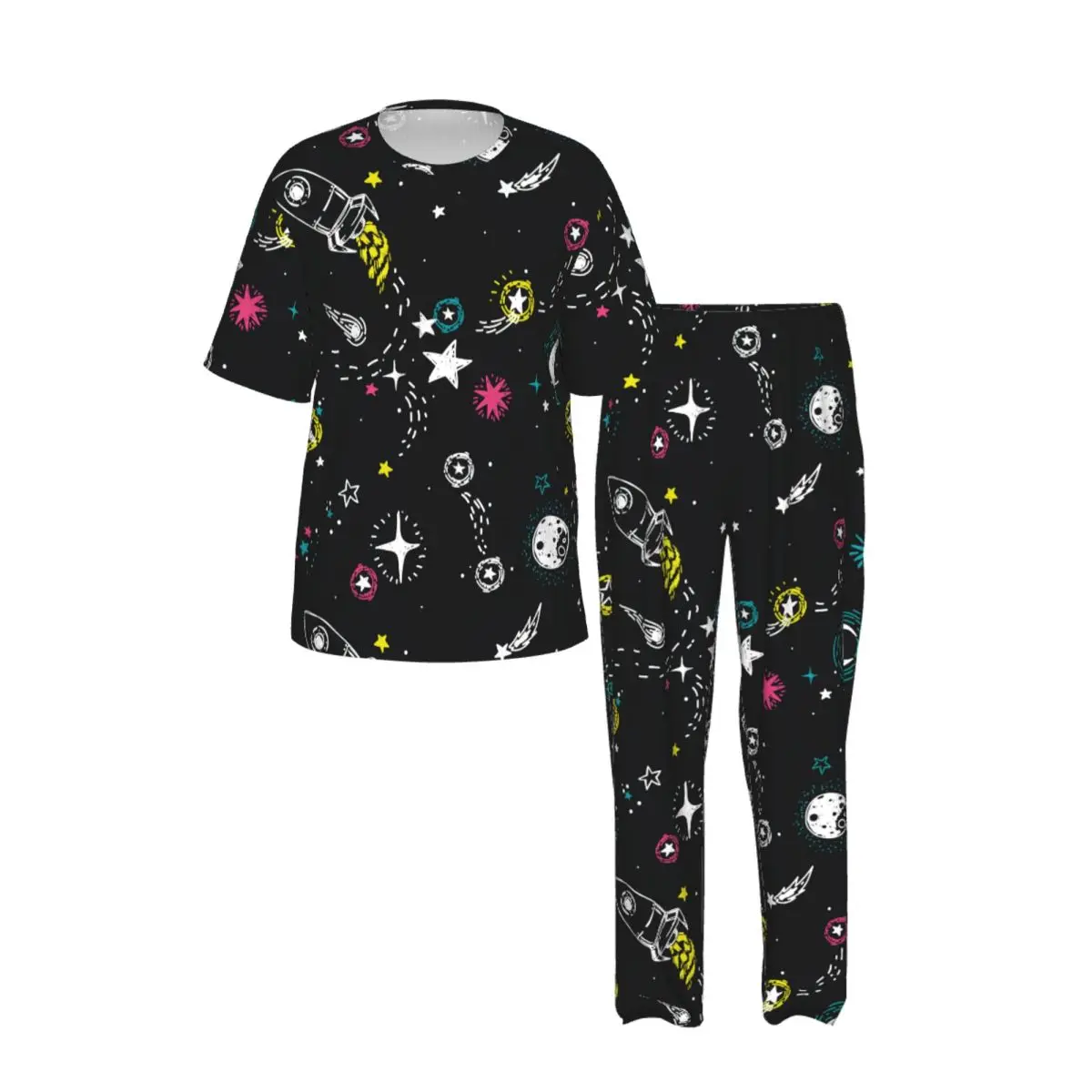Men Pajamas Suit Short Sleeved Long Pants Stars Rockets Comets And Planets Sleepwear Summer Home Clothing Set