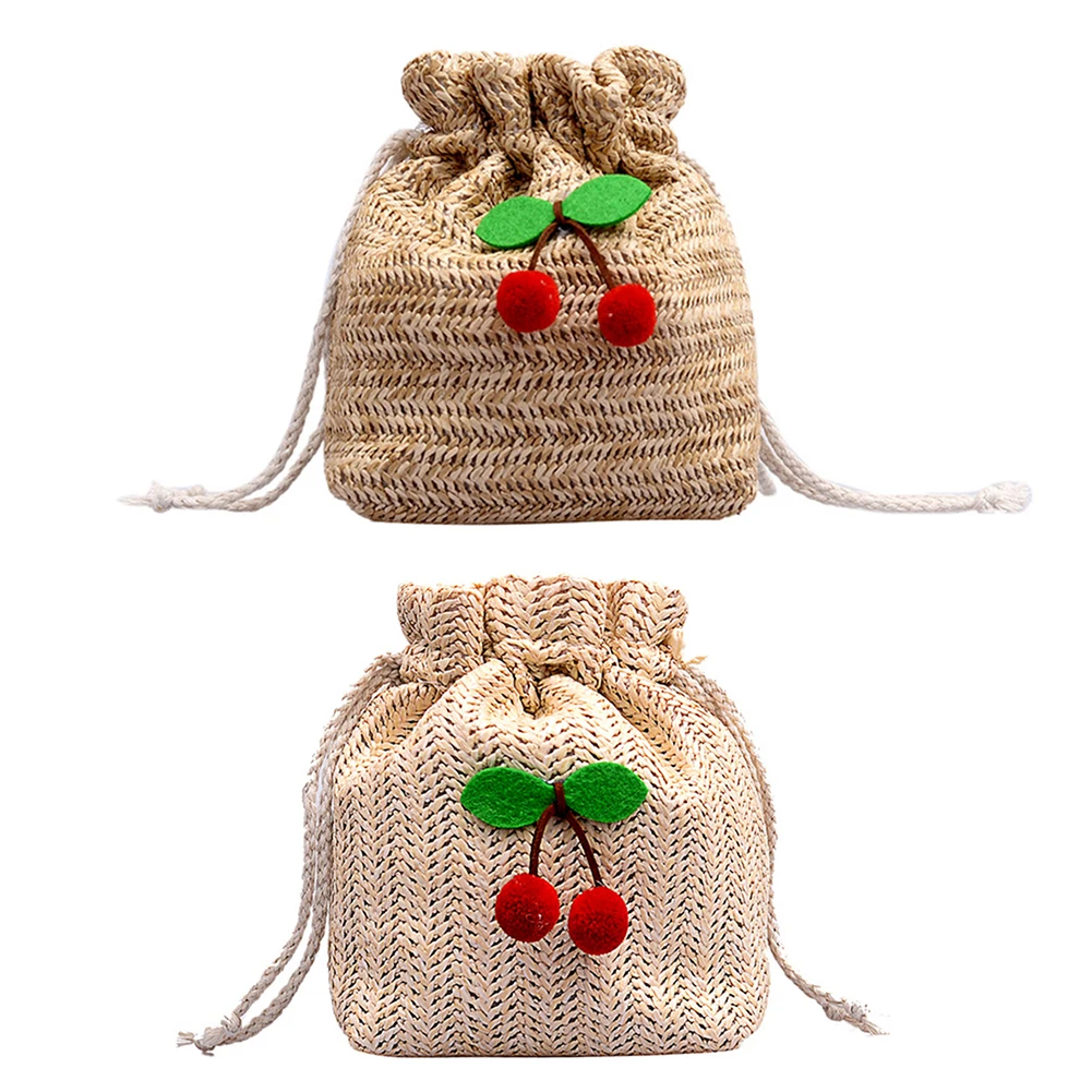 Women Drawstring Crossbody Bag Handmade Cherry Small Weave Straw Bag Versatile Crochet Satchel Bag Girls Outdoor Daily Bag