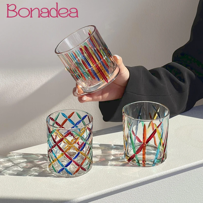 

Italian Design Painted Glasses Colored Glass Cups Whiskey Ice Cube Cup High-looking Carved Coffee Juice Cups Home Accessories